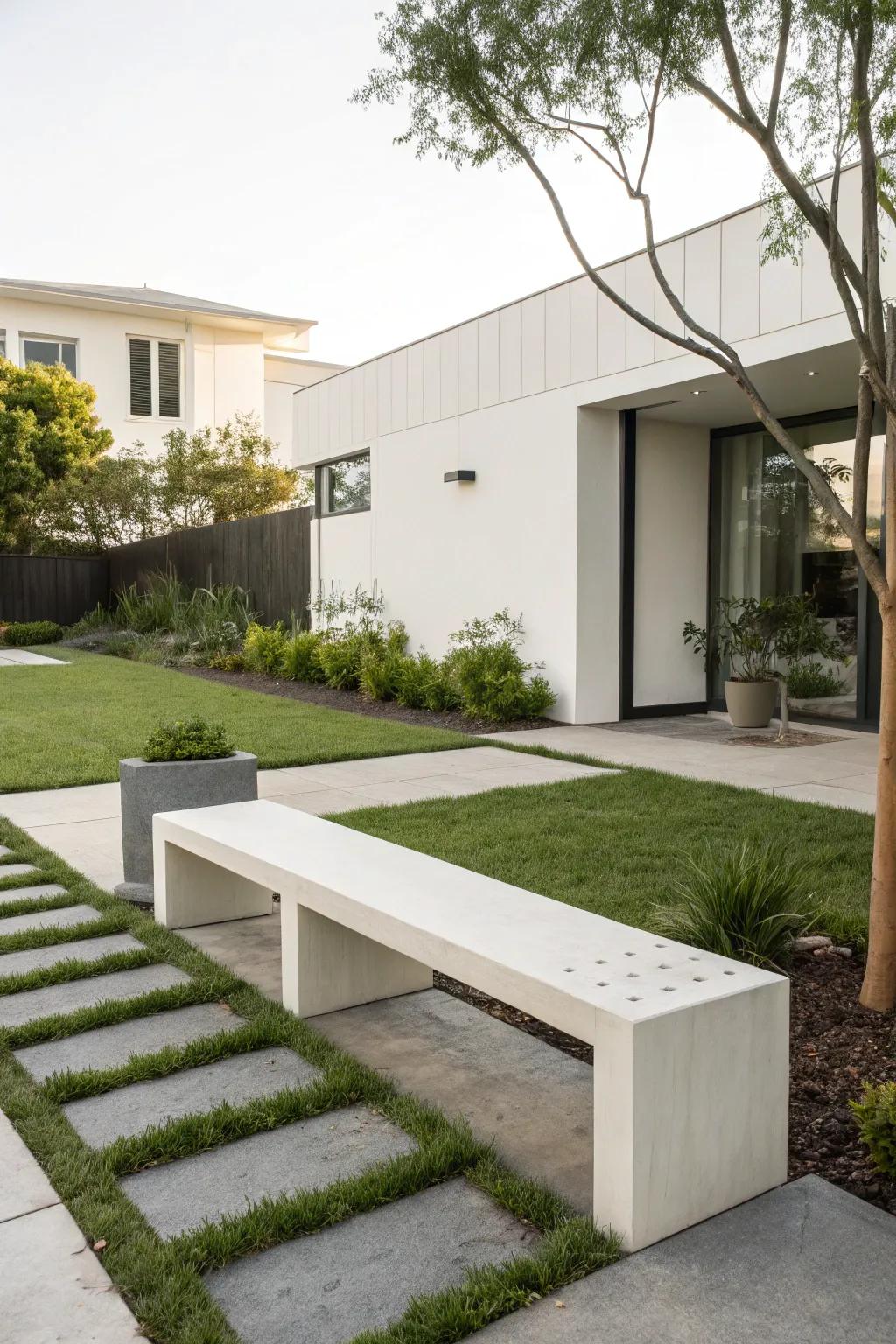 A minimalist modern bench offers sleek simplicity.