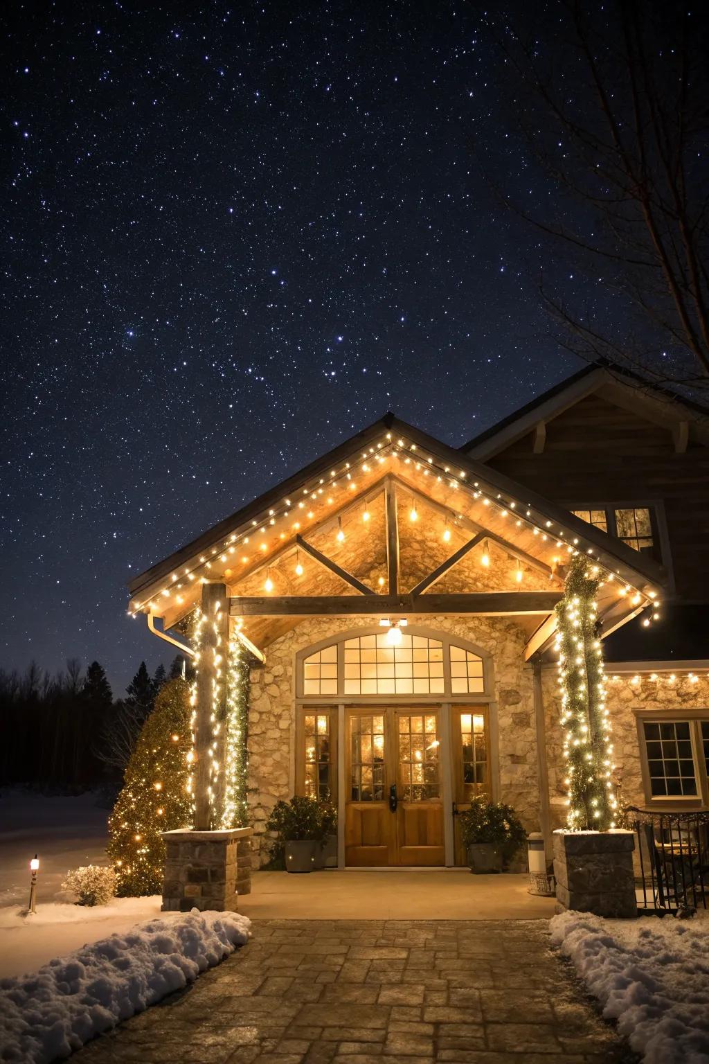 Cascade lights create a dynamic and magical entrance.