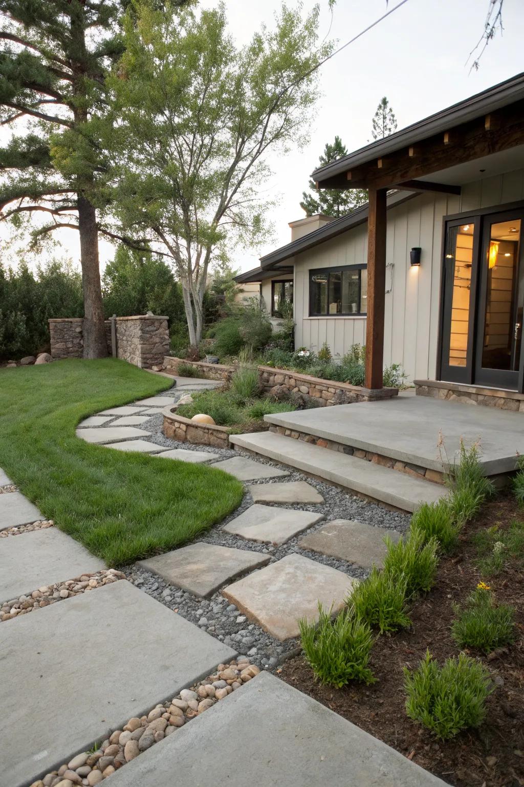 Mixed materials bring a dynamic feel to this front yard.