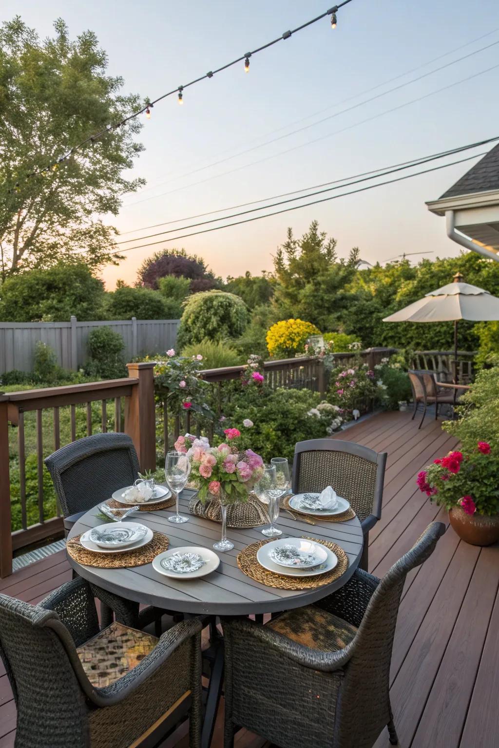 A delightful outdoor dining setup on a front yard deck.