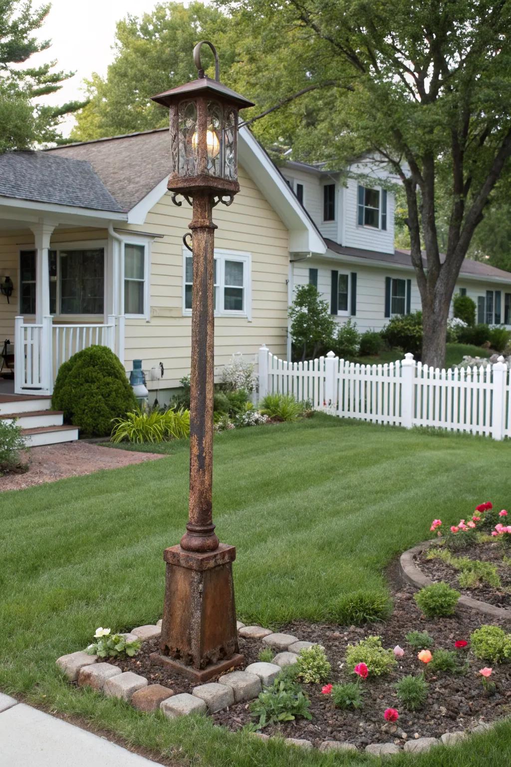 Unique vintage industrial light post adding character to a driveway.