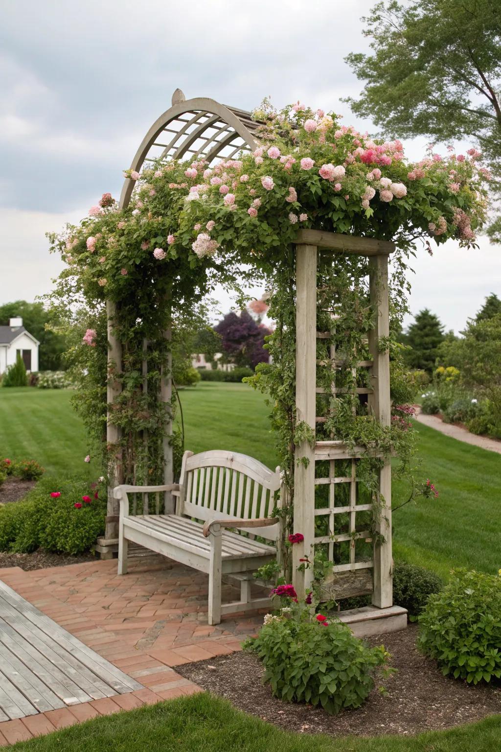 A charming arbor frames this inviting bench.