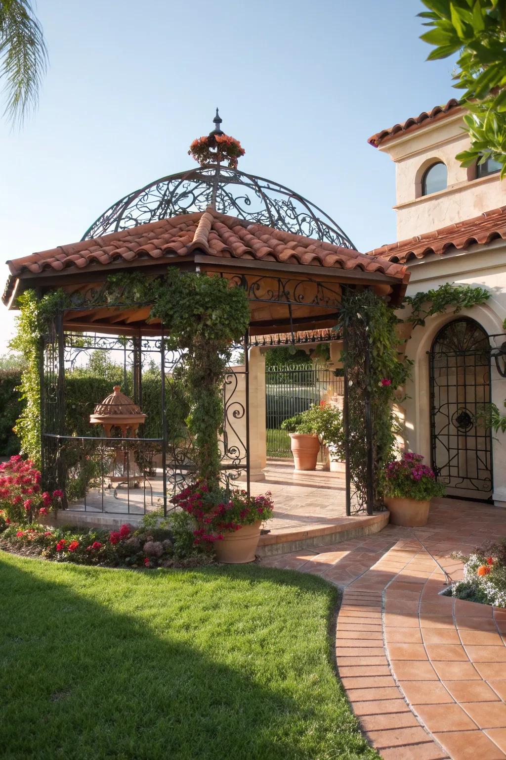 A Mediterranean-style gazebo offers a sunny escape.