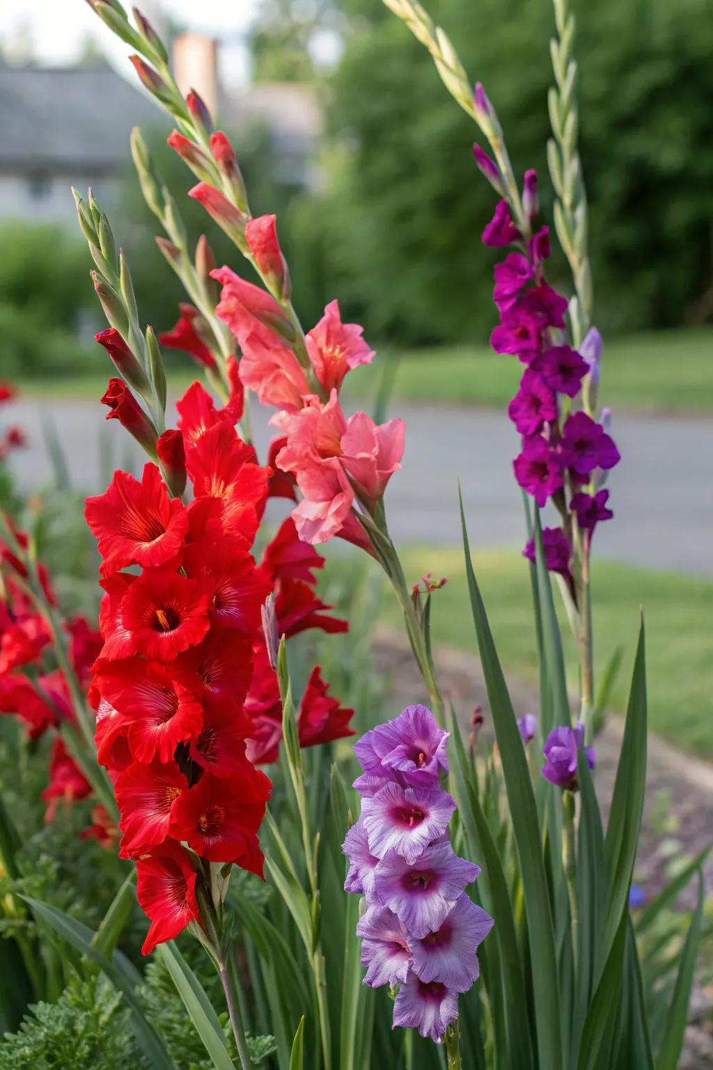 Contrasting gladiolus colors create a vibrant visual display.