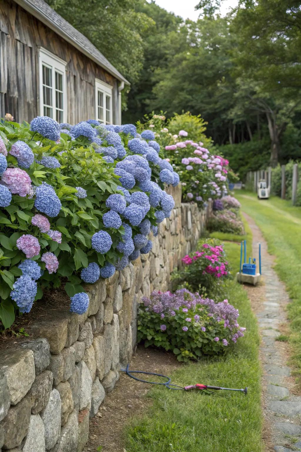 Combine hydrangeas with stone for rustic charm.