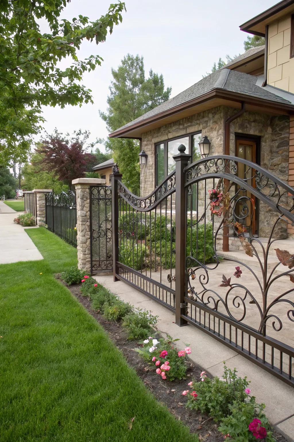 Artistic ironwork transforms this fence into a captivating piece of art.