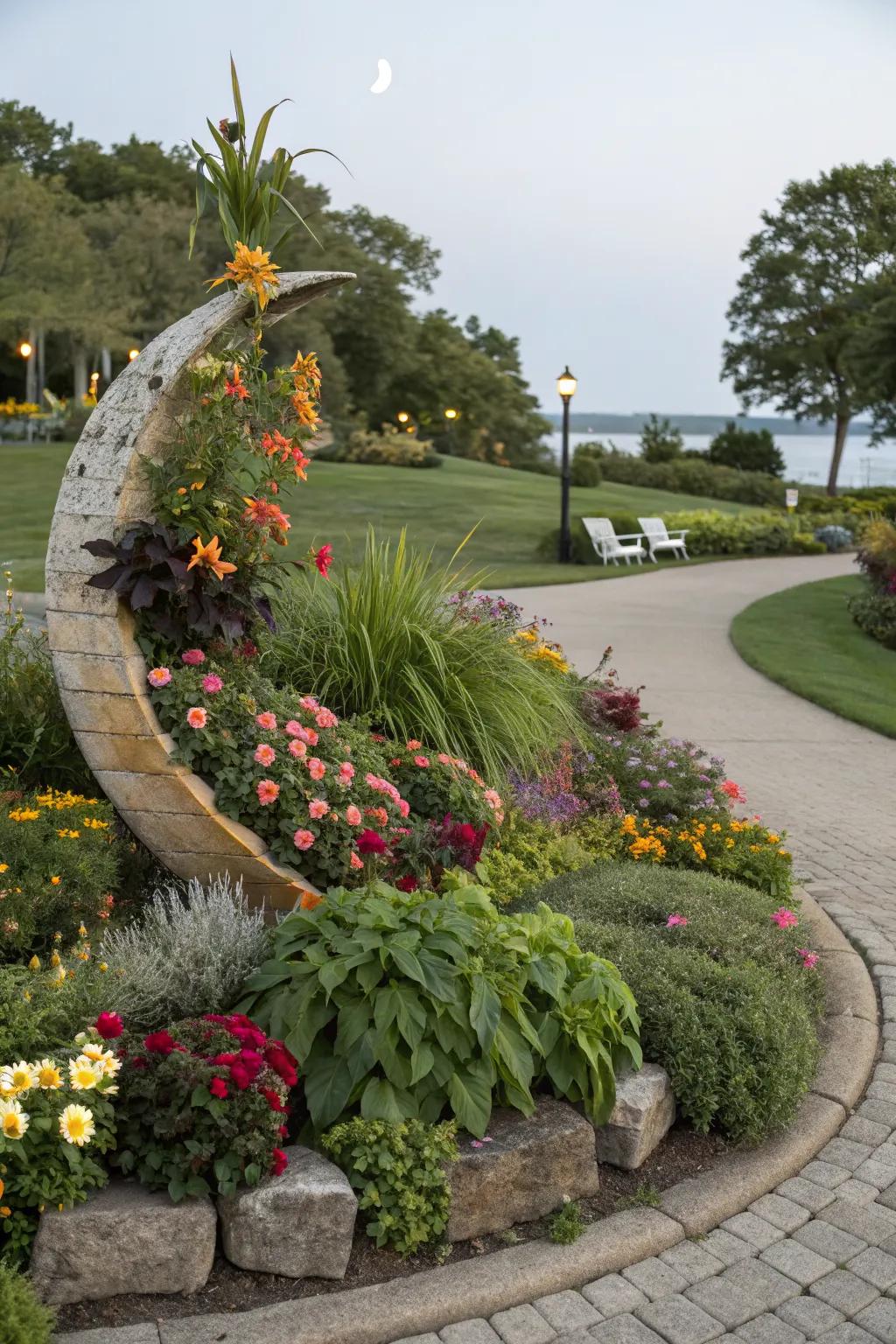 A crescent-shaped island flower bed featuring lush plants and flowers in a front yard.