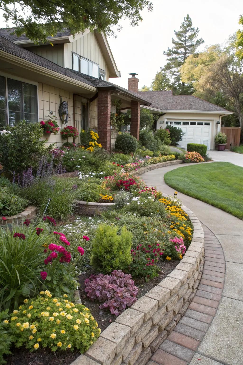 Colorful and textured edging materials add a unique flair to this front yard.