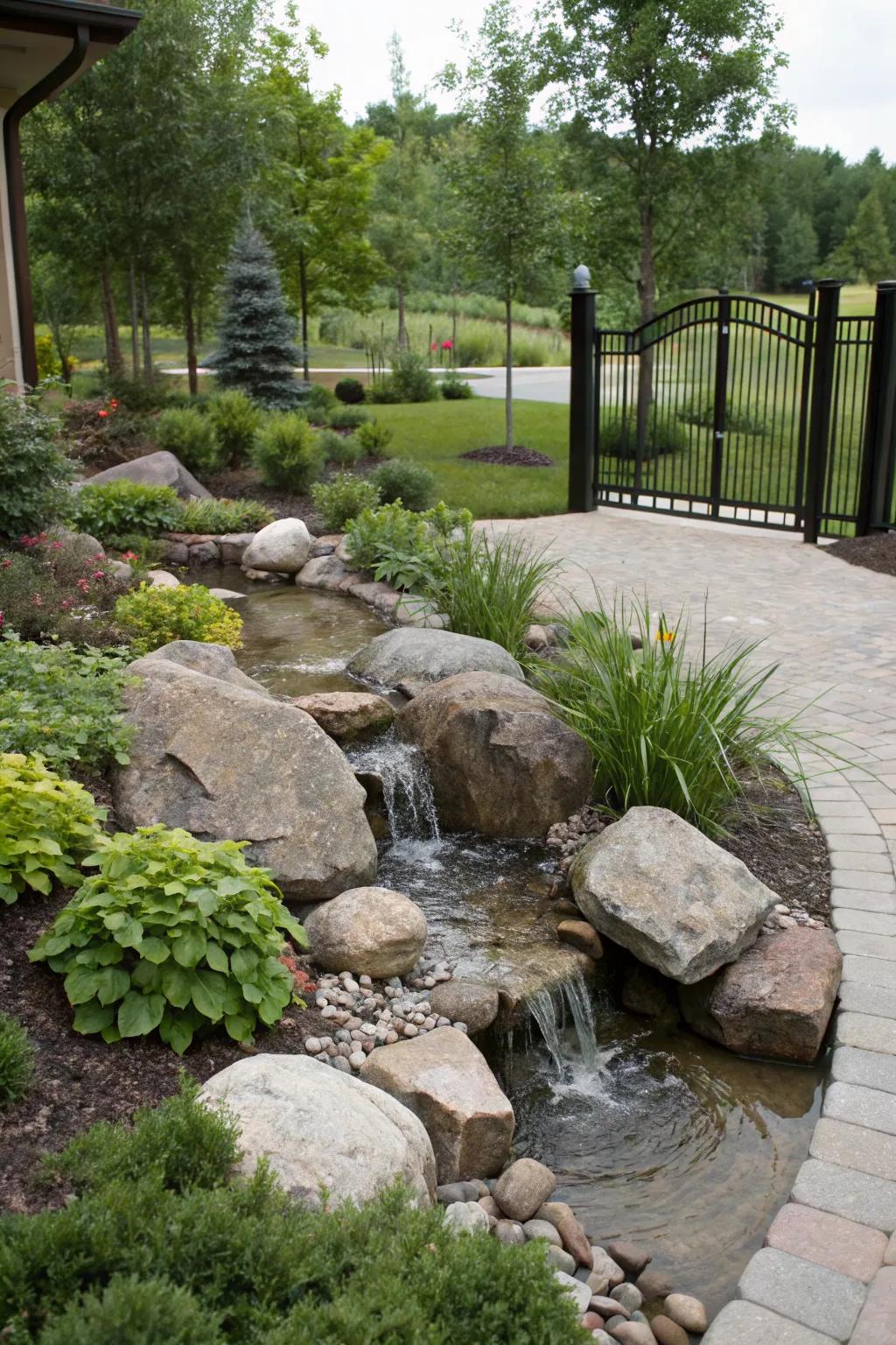 A peaceful water feature that adds tranquility to the landscape.