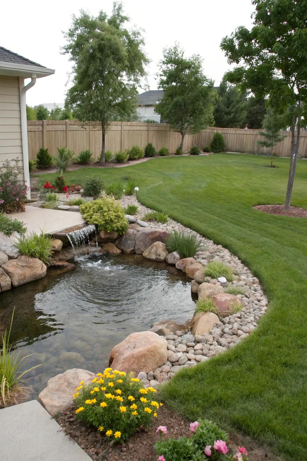 A water feature bringing serenity to a Zone 6 front yard.