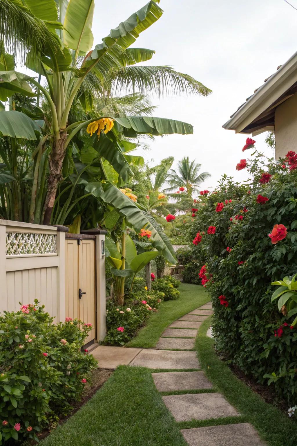 A front yard transformed into a tropical paradise with bold plantings.