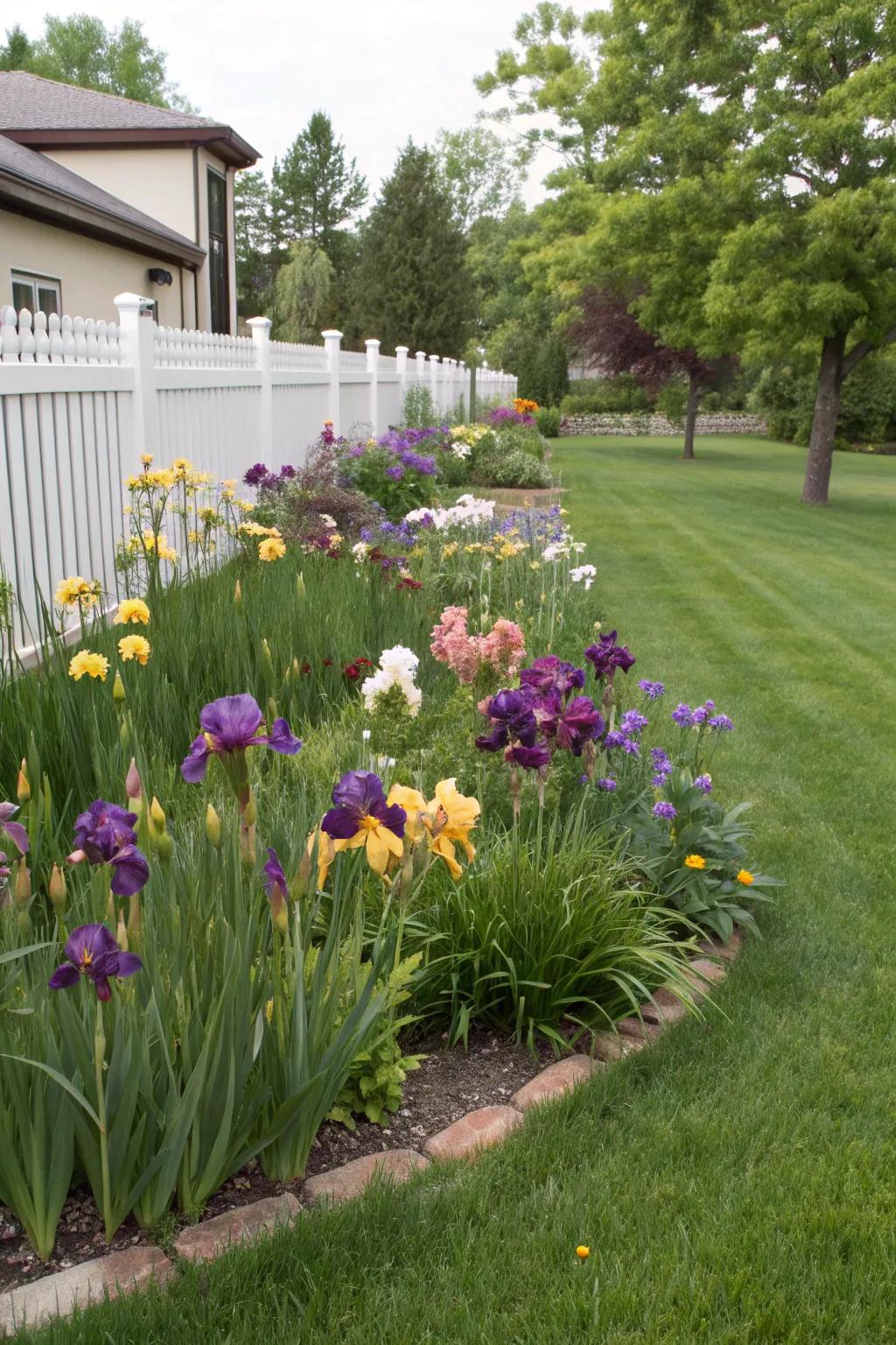 A cohesive landscape design with irises and lawn.