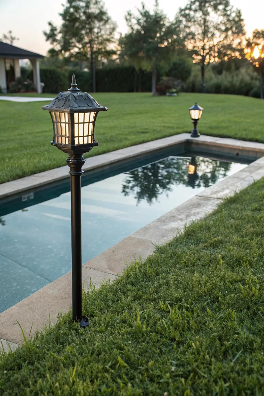 Light posts near reflective surfaces create a magical ambiance.