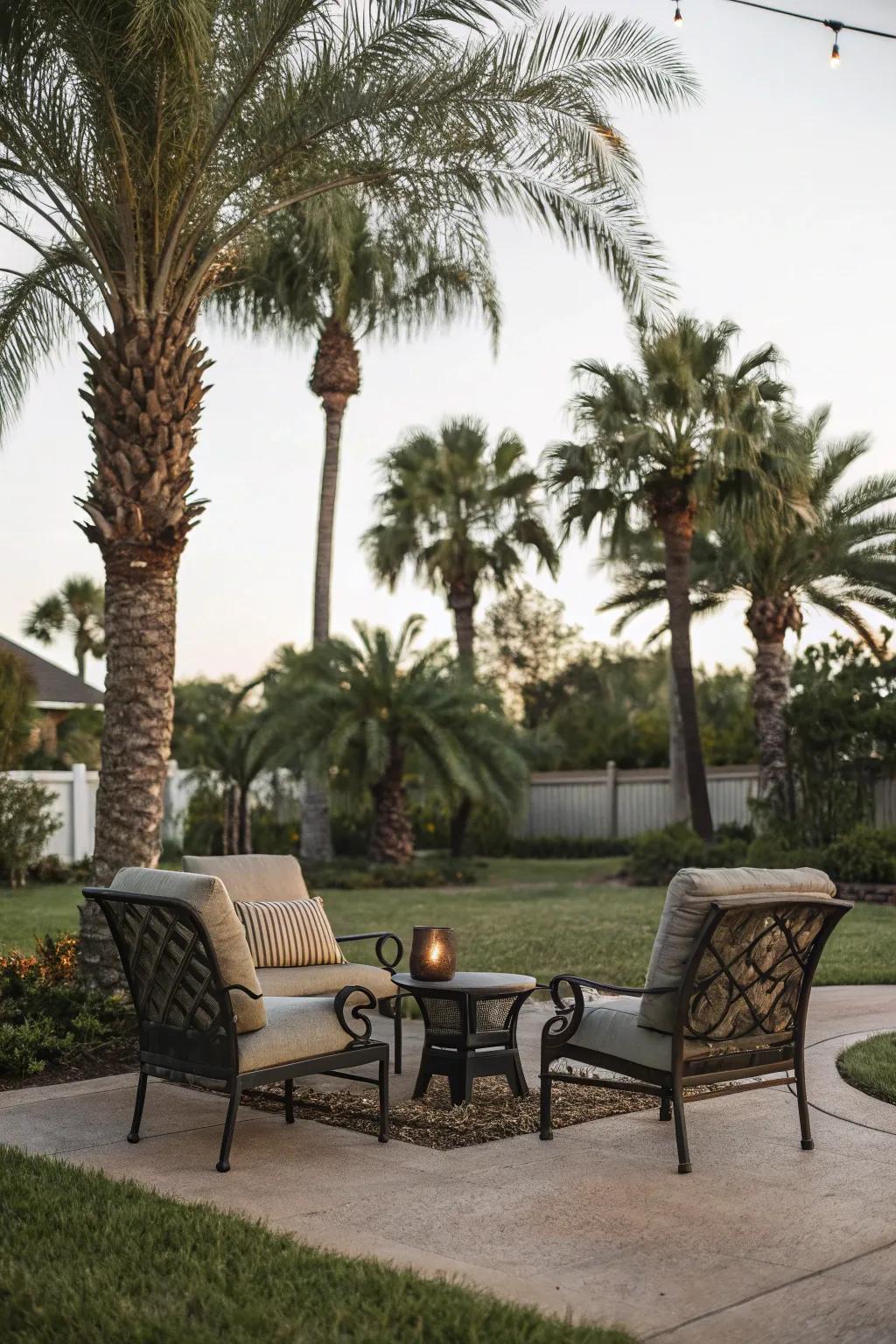 A seating area among the palms provides a serene spot to relax.