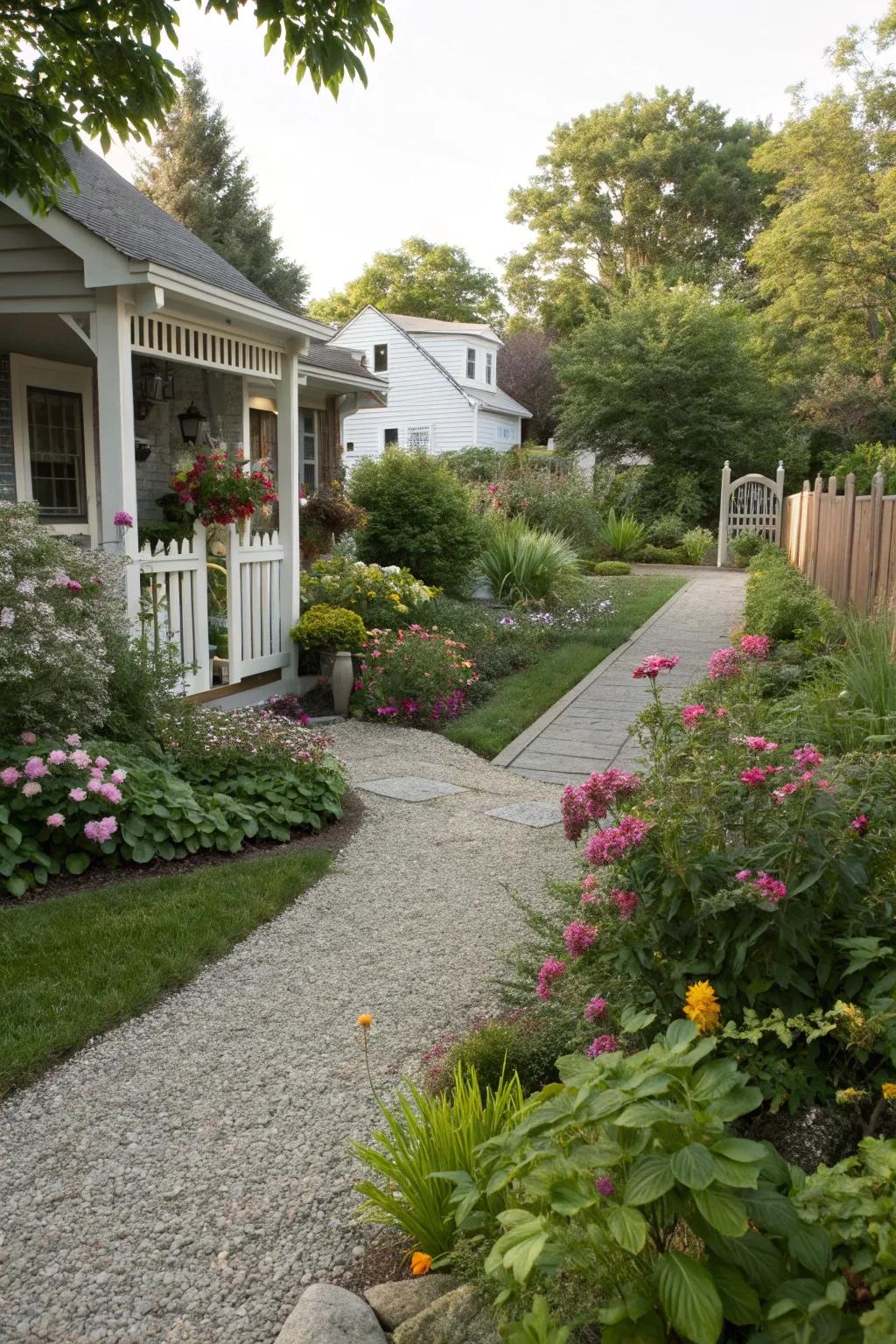 A front yard featuring a permeable gravel walkway surrounded by lush plants.