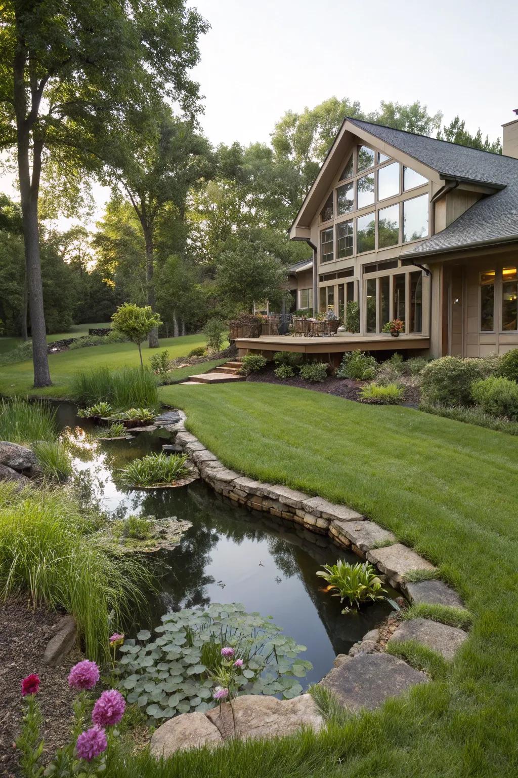 Integration with architecture enhances a pond's appeal.
