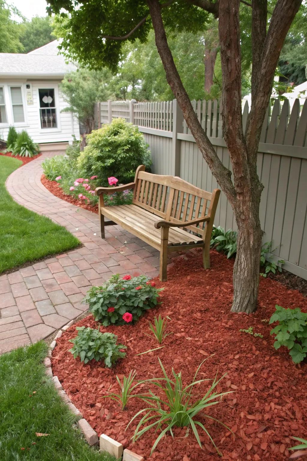 A cozy corner defined with red mulch and a charming bench.
