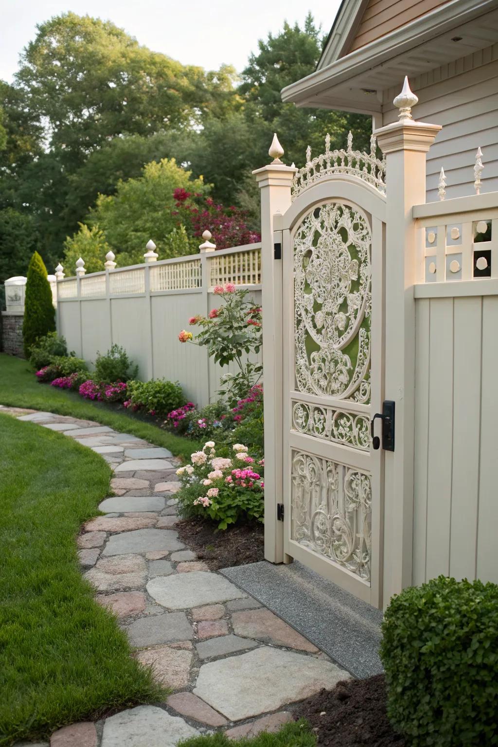A decorative gate adding character to a vinyl fence.