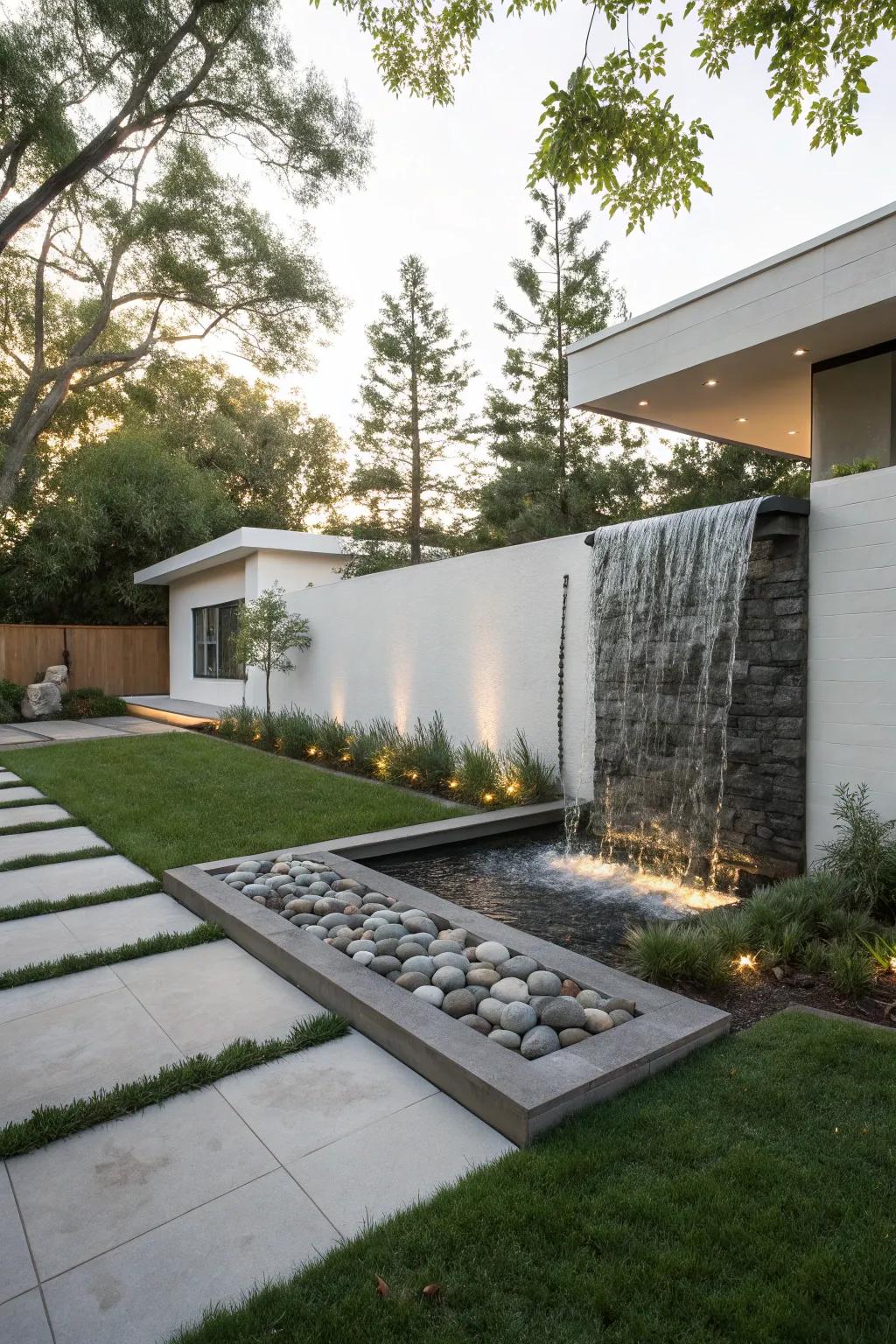 A modern waterfall with clean lines offers a contemporary aesthetic.