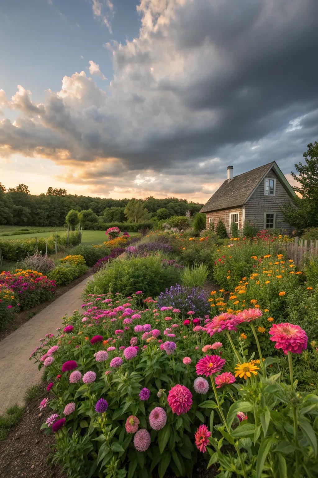 A cottage garden with zinnias offers a charming, timeless appeal.