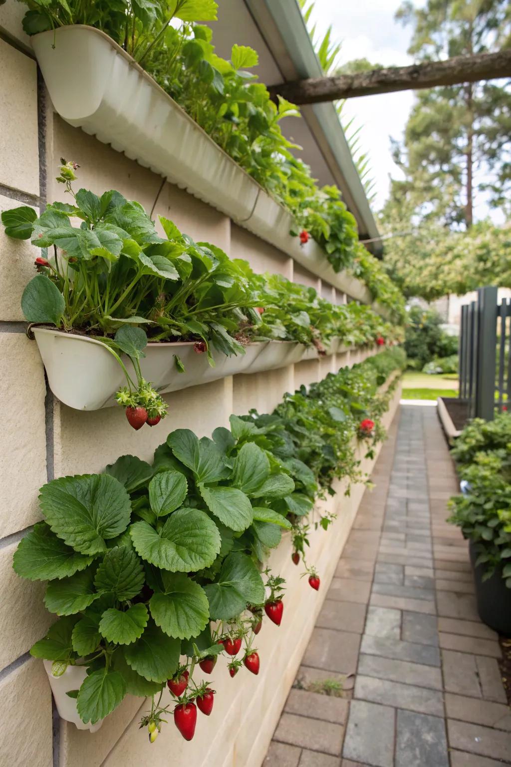 An edible wall featuring wall-mounted planters of strawberries.