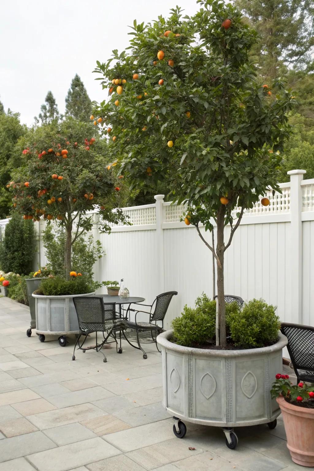 Container planting offers flexibility in fruit tree placement.