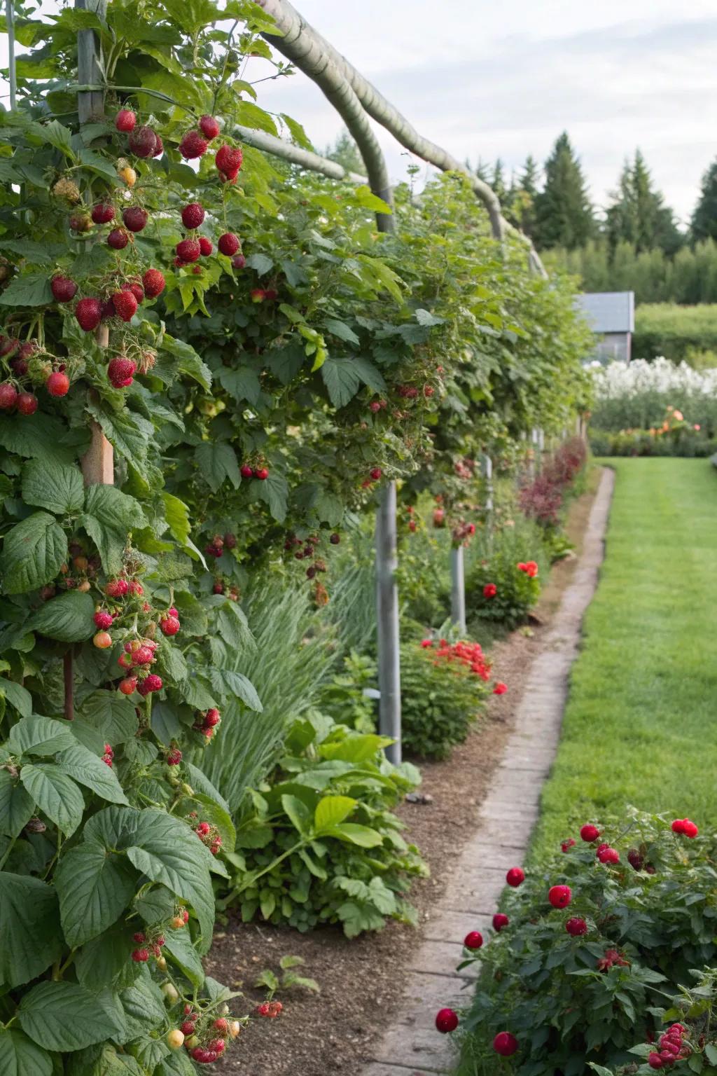 Edible borders of raspberry bushes marry form and function beautifully.