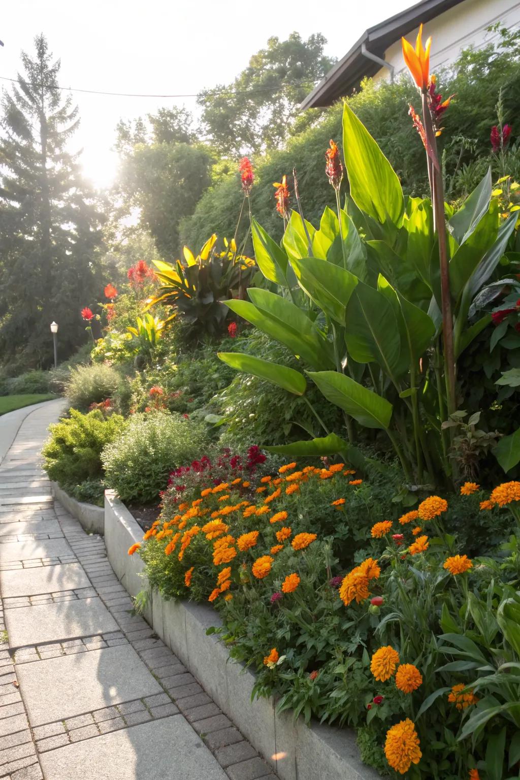 Cannas and marigolds create a layered and eye-catching garden bed.