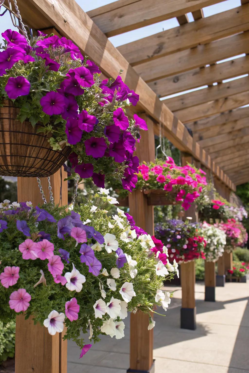 Hanging baskets overflowing with petunias