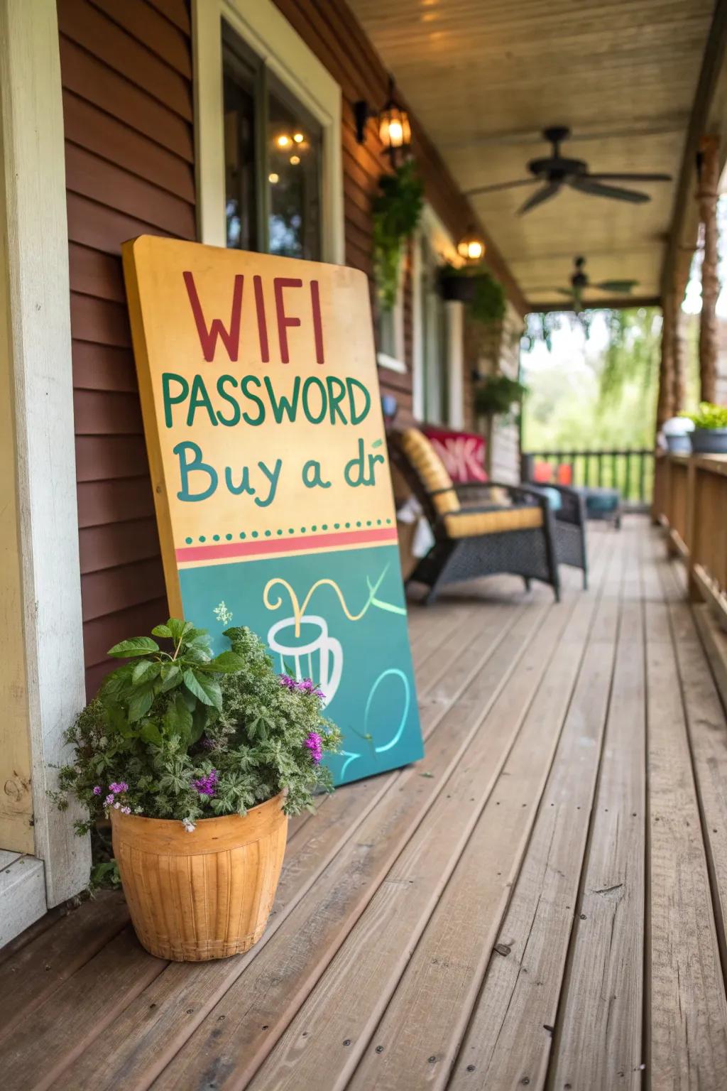 A cheeky porch sign offering a playful nudge for WiFi