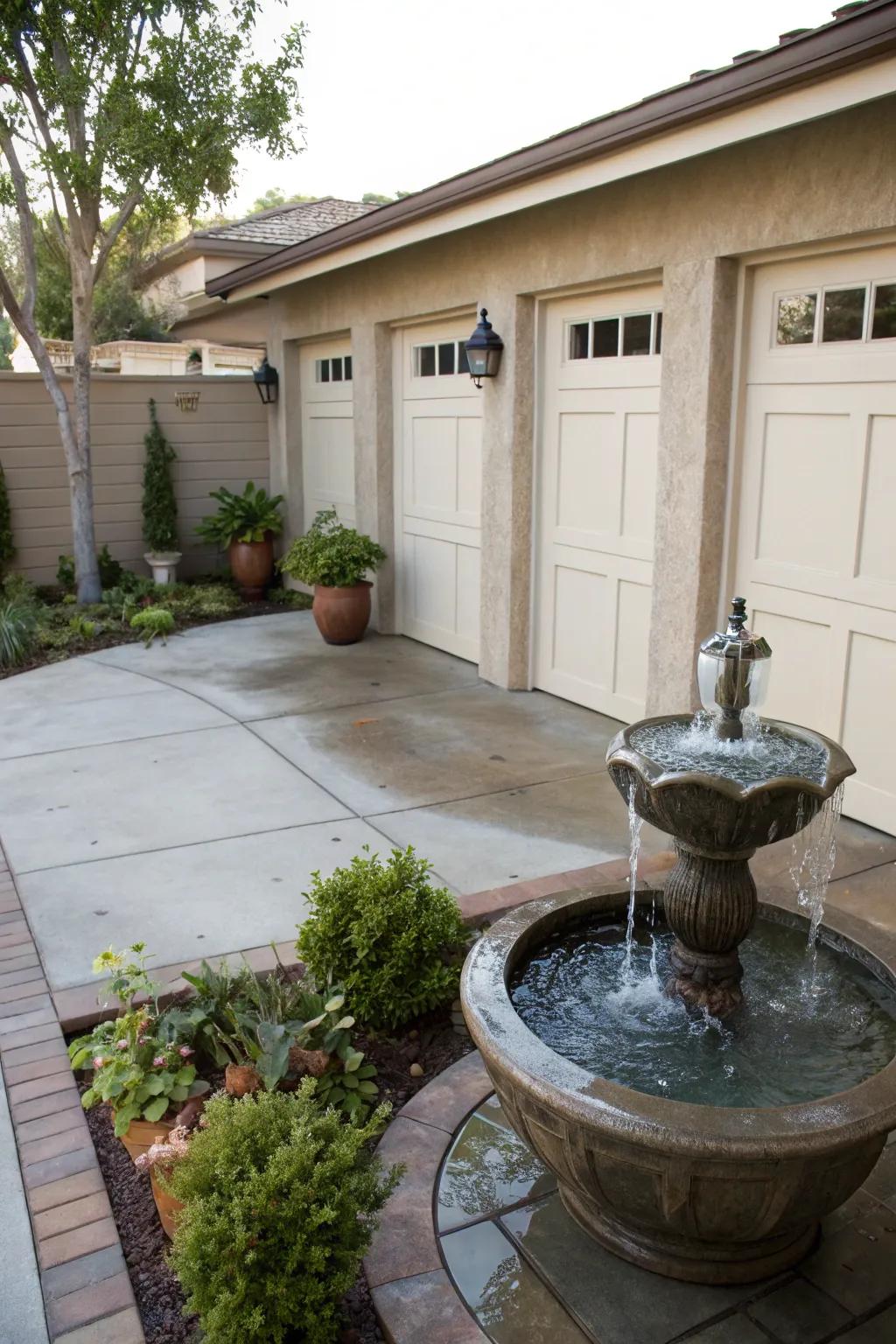 A tranquil water feature enhancing a garage patio.