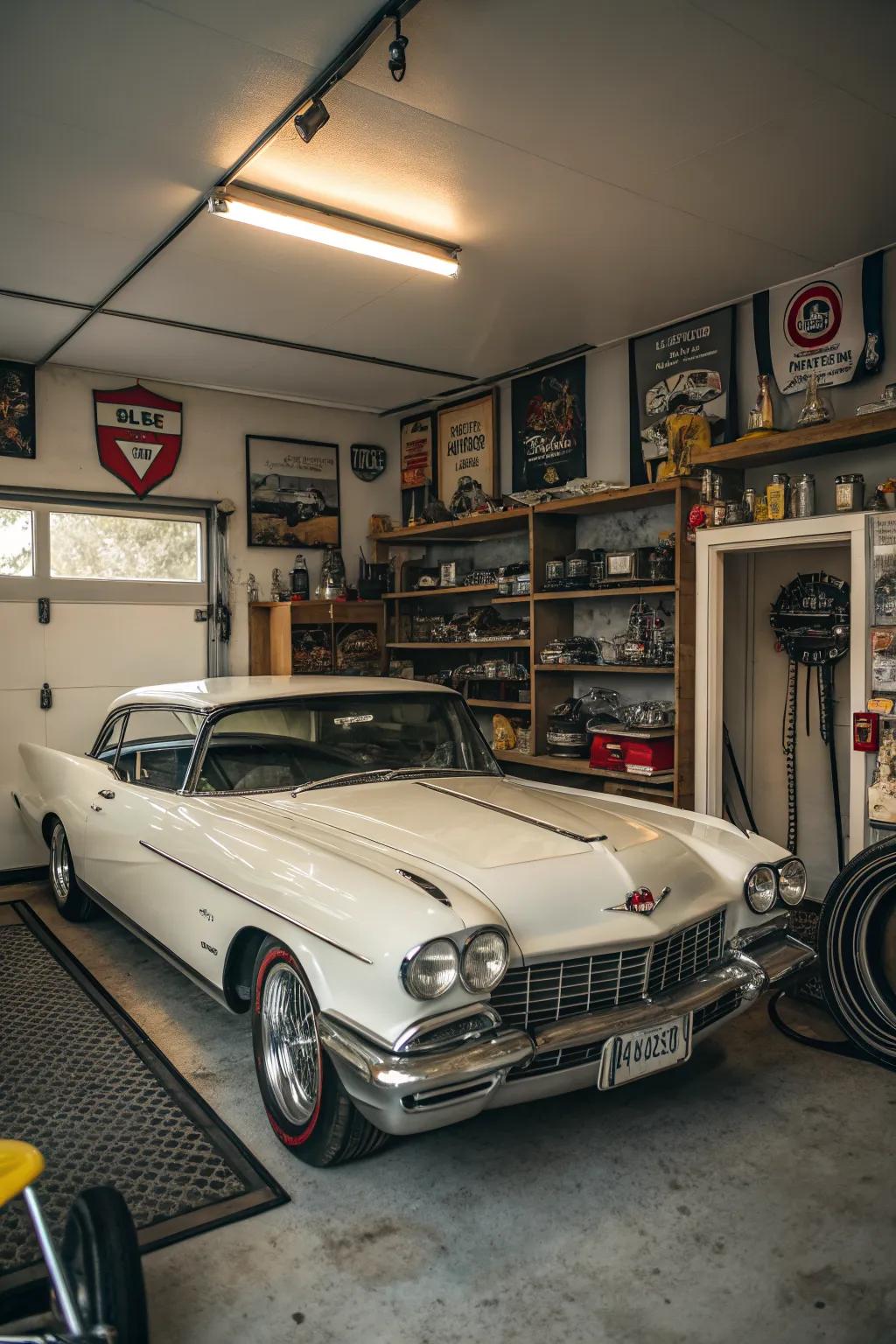 A vintage car display area in a garage shed.
