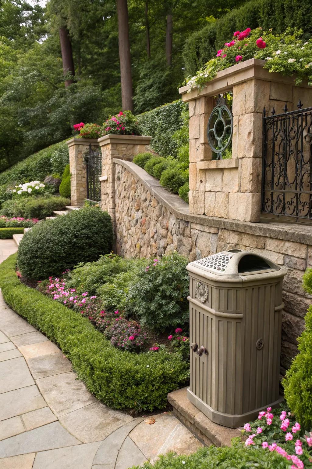 A stone wall enclosure provides an elegant and lasting solution for trash storage.