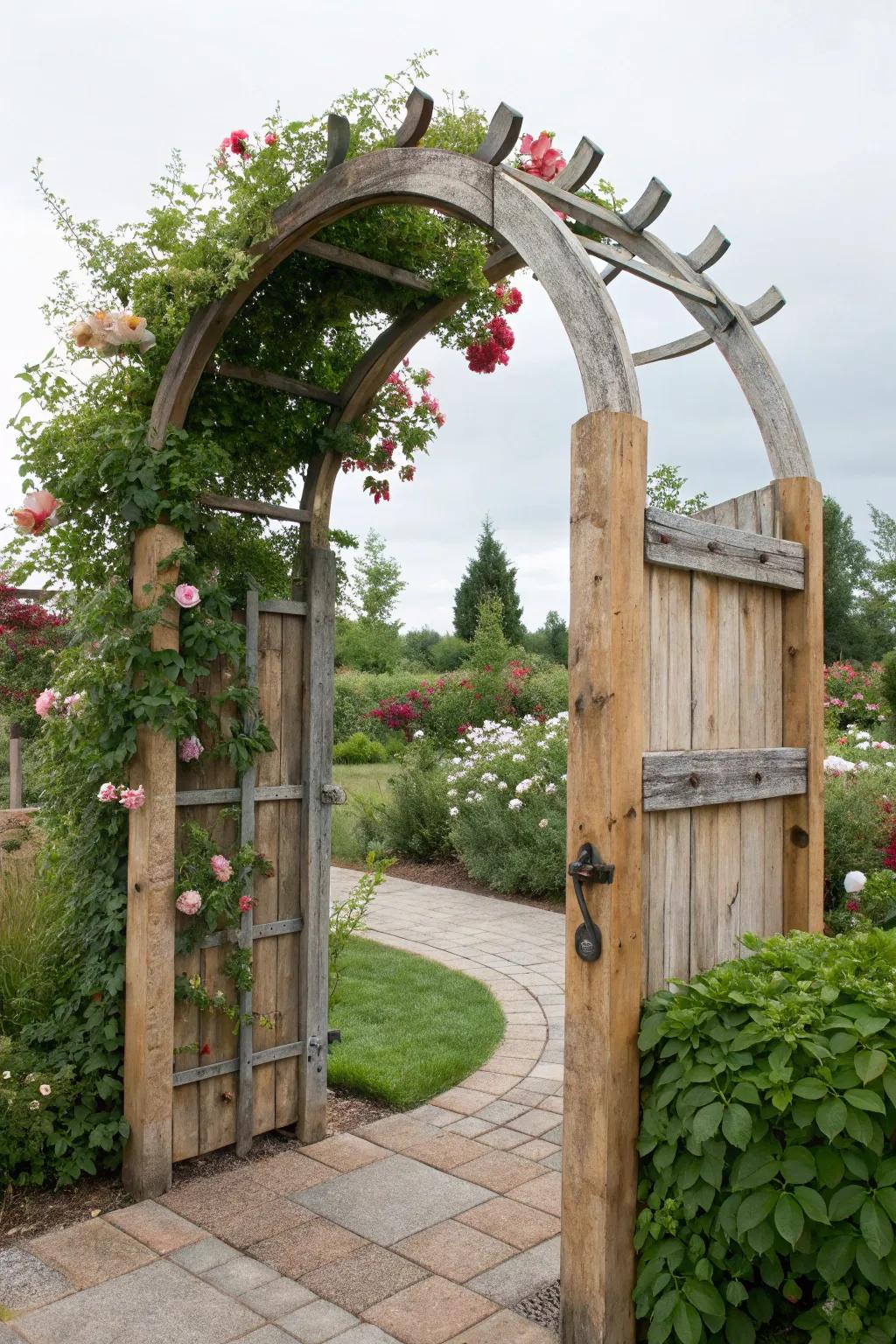 An eclectic garden arch combining wood and metal elements.