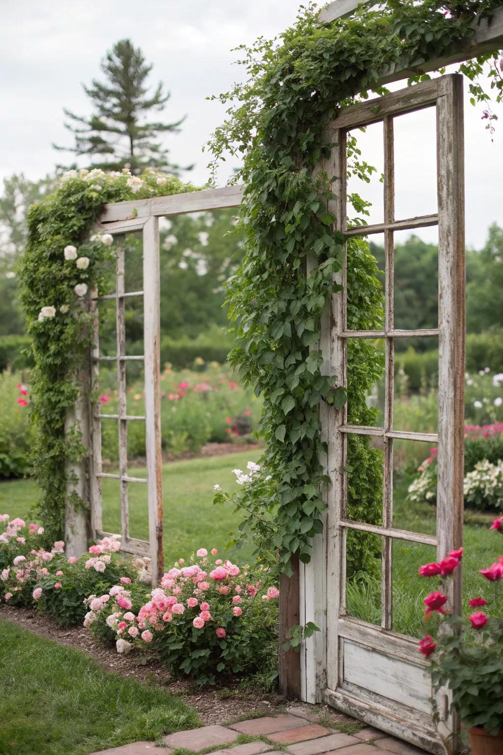 Vintage window frames add a quaint, nostalgic touch to gardens.