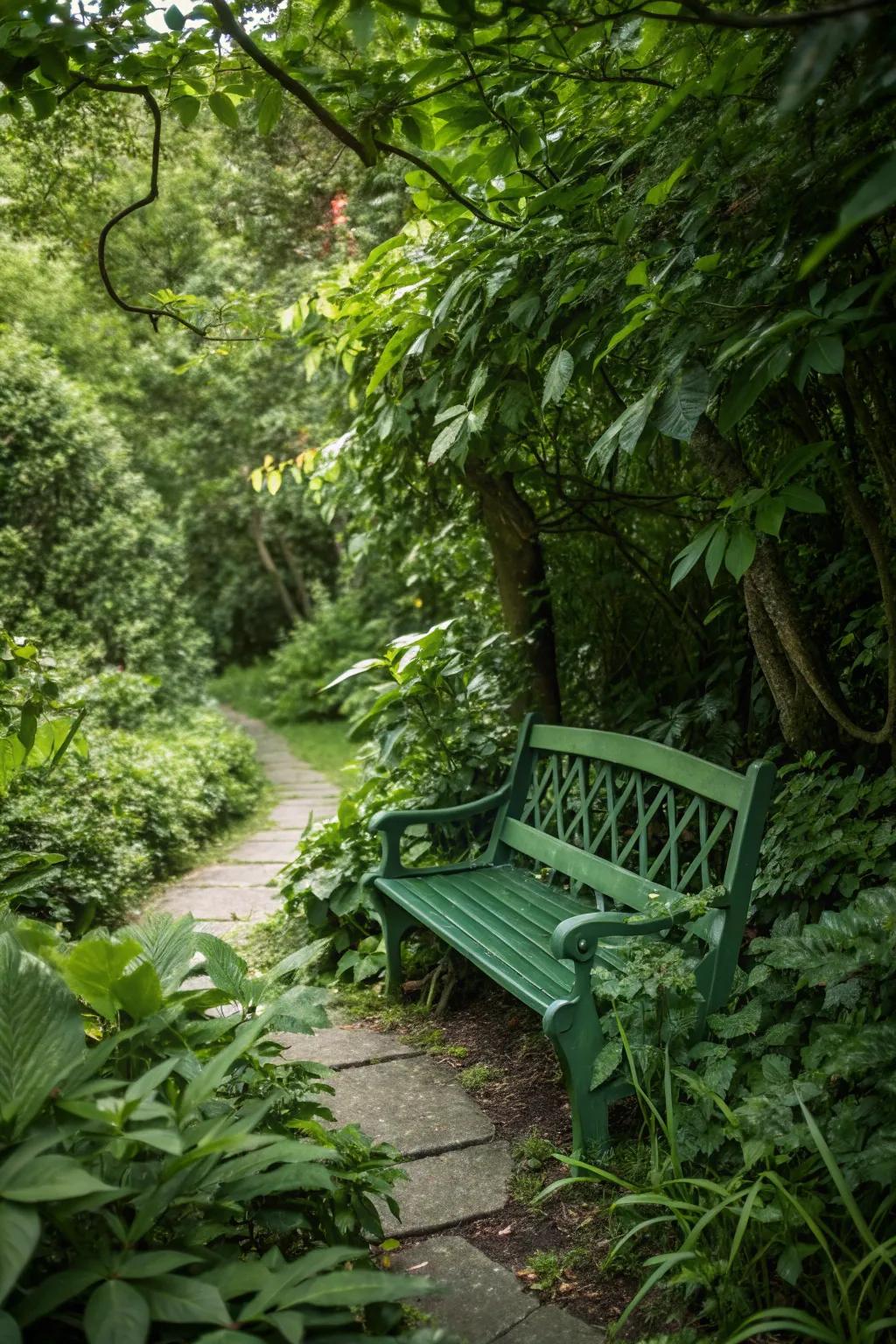 A green bench blends naturally into the garden landscape.