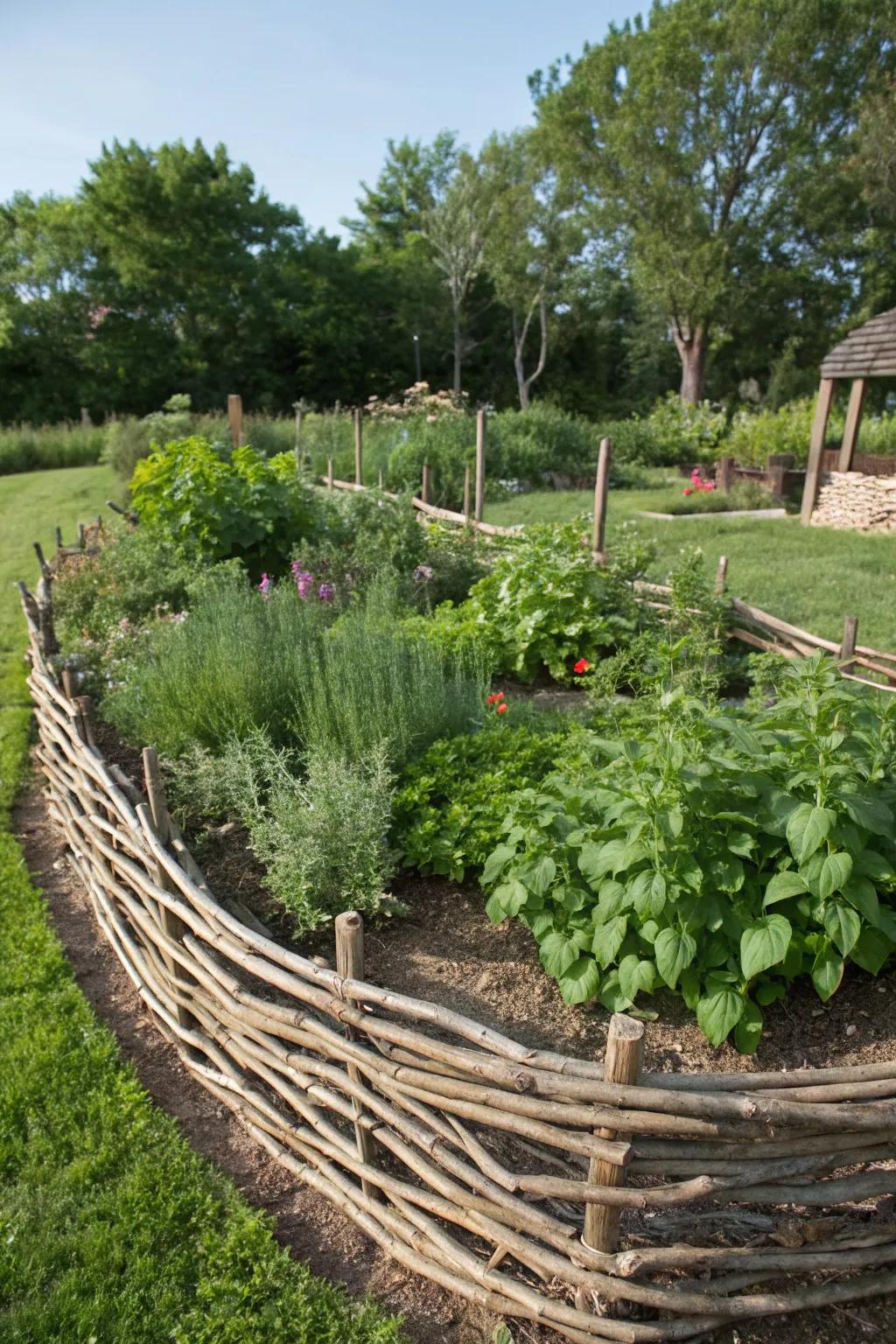 A curved branch fence adds dynamic flow to garden landscapes.