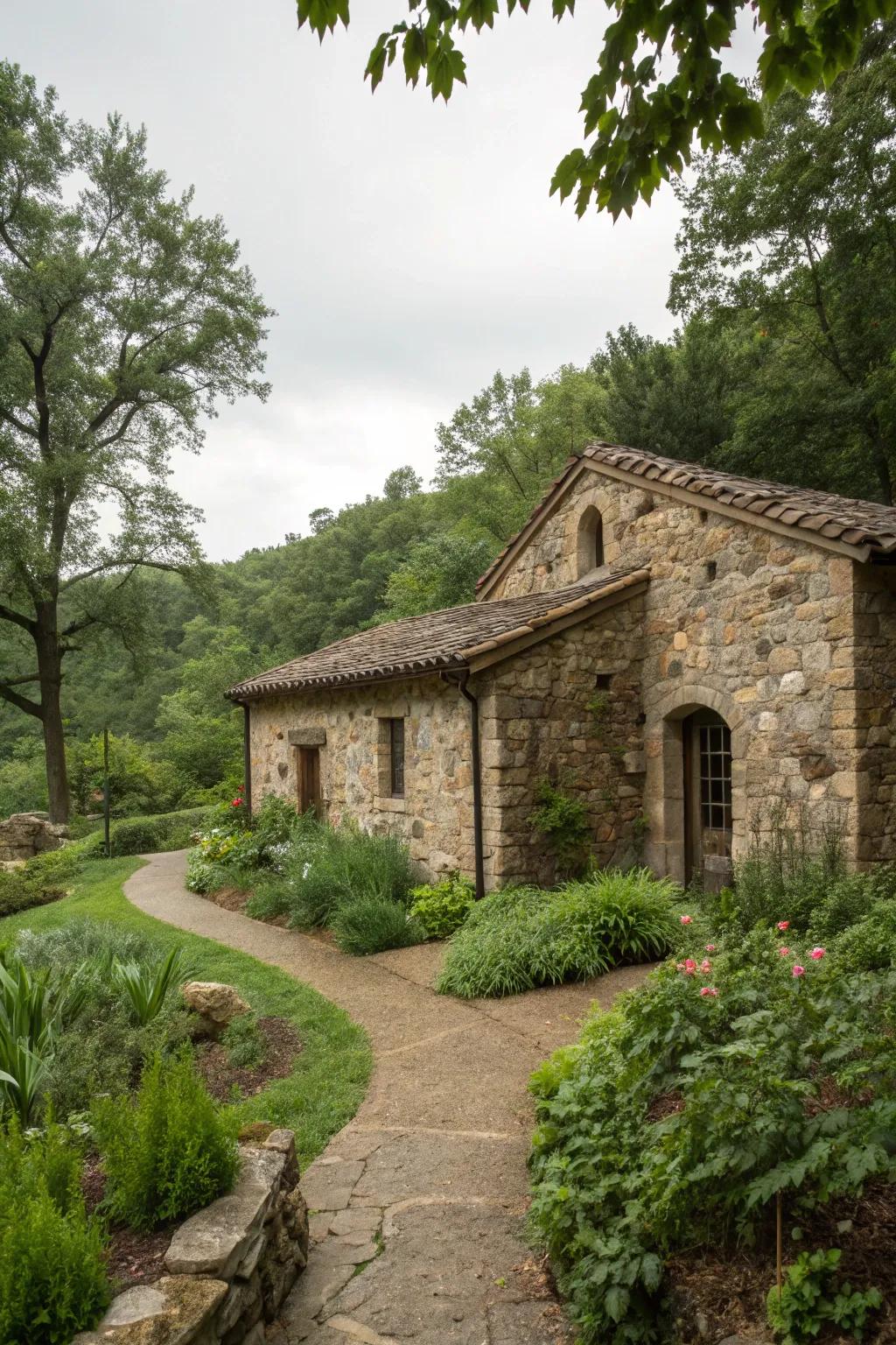 A stone-clad garden building harmoniously blending with its surroundings.