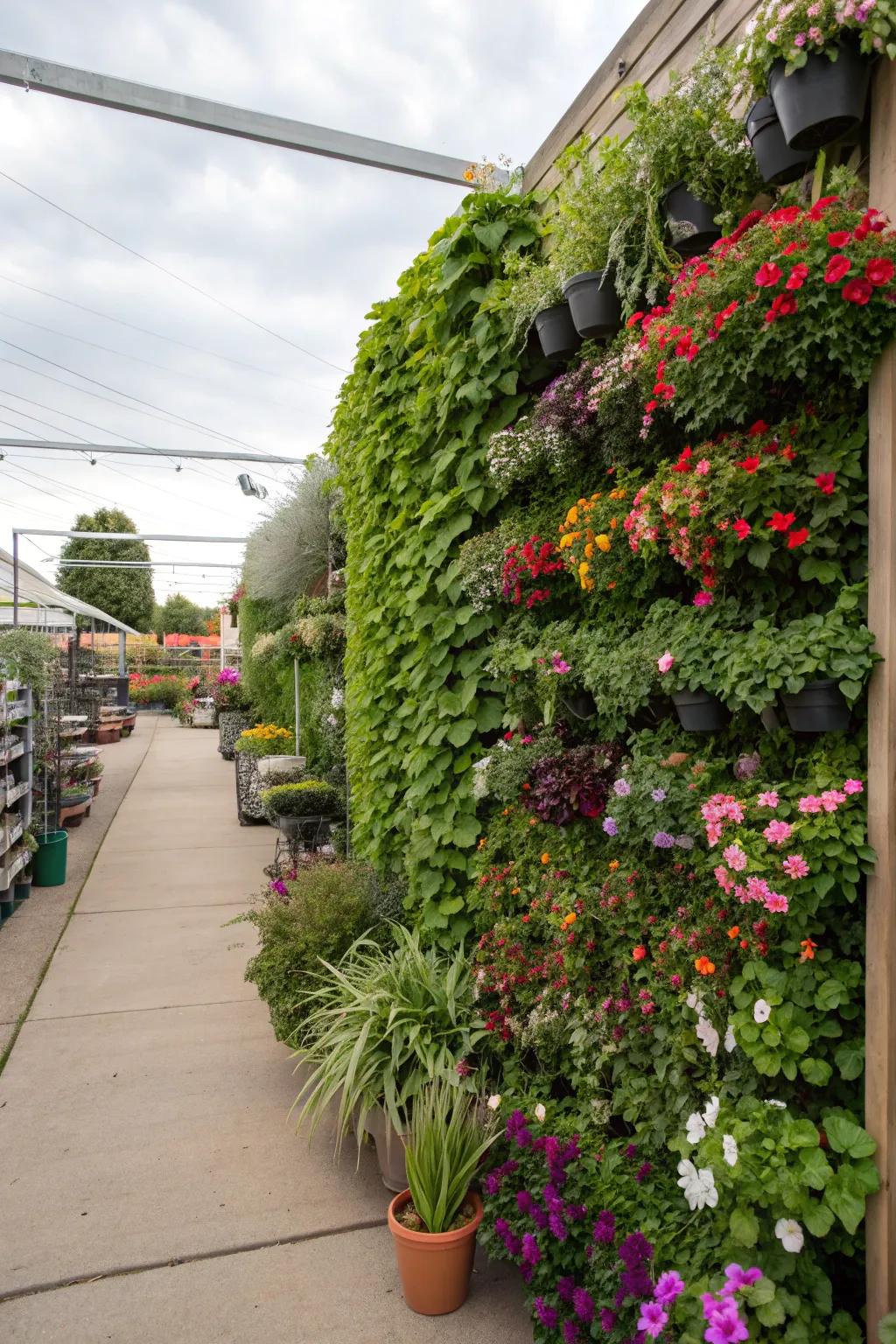 Vertical garden wall maximizing space creatively.