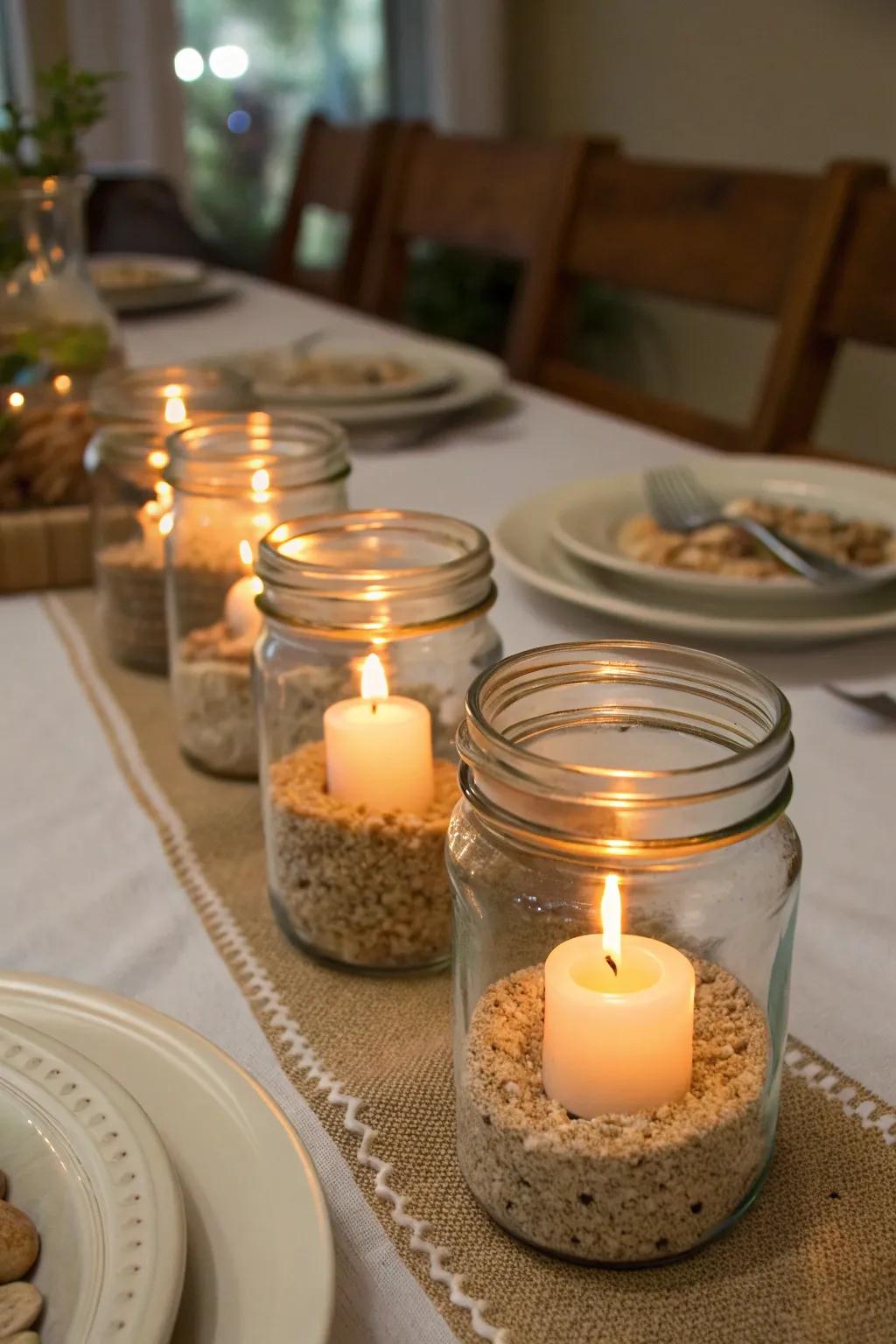 DIY candle holders adding a personal and cozy touch to the garden dinner setting.