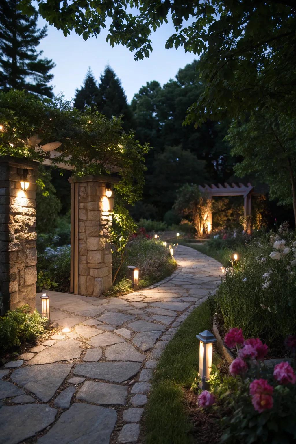 Solar lights illuminate the garden entrance, adding a magical touch at night.