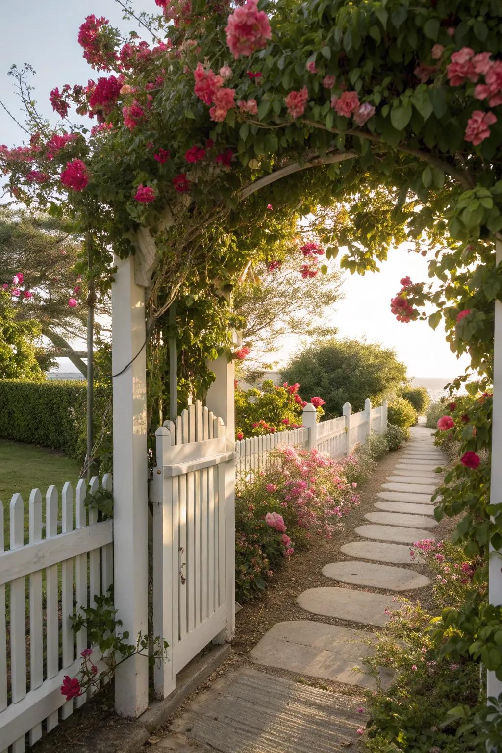 A cottage-style entrance with a picket fence and climbing vines offers timeless charm.