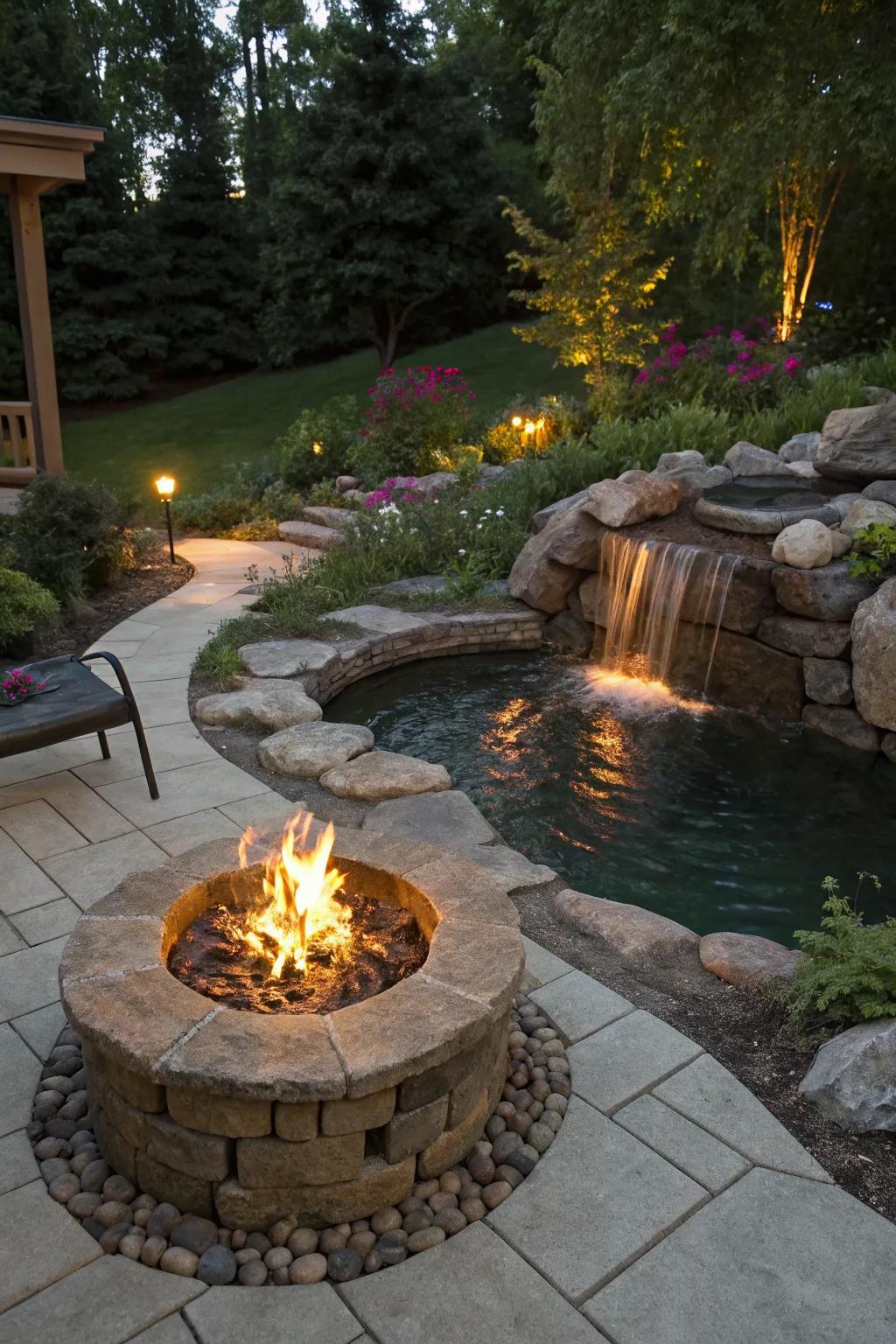 The combination of fire and water creates a captivating garden feature.