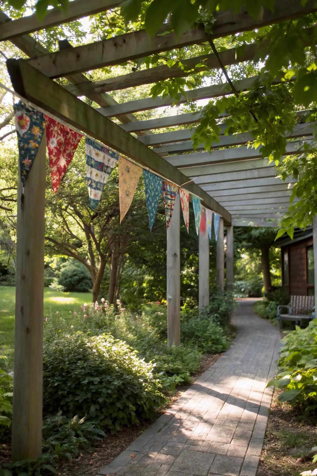 Pergolas and arbors provide a whimsical way to display garden flags.