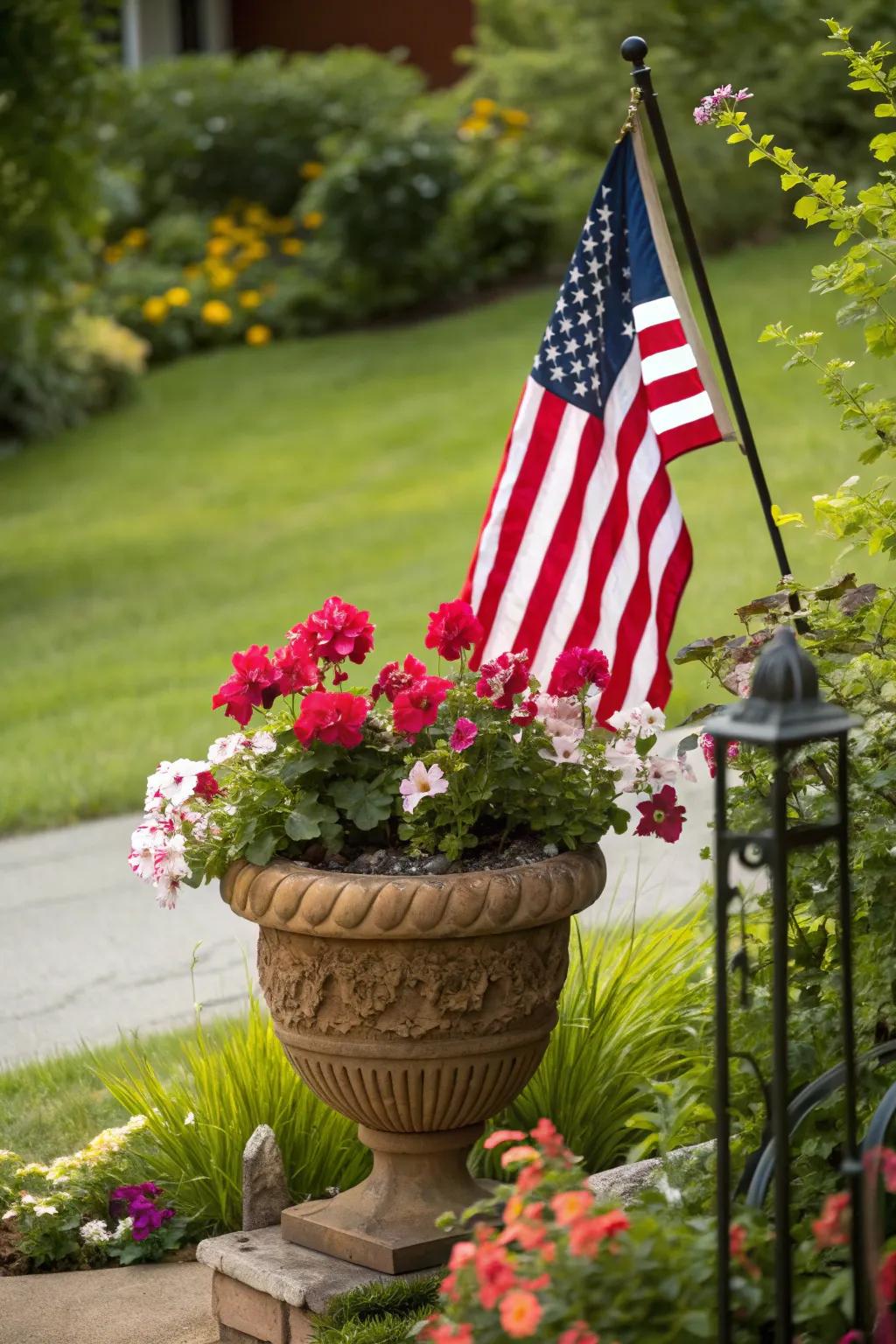 Flag adding charm to a planter