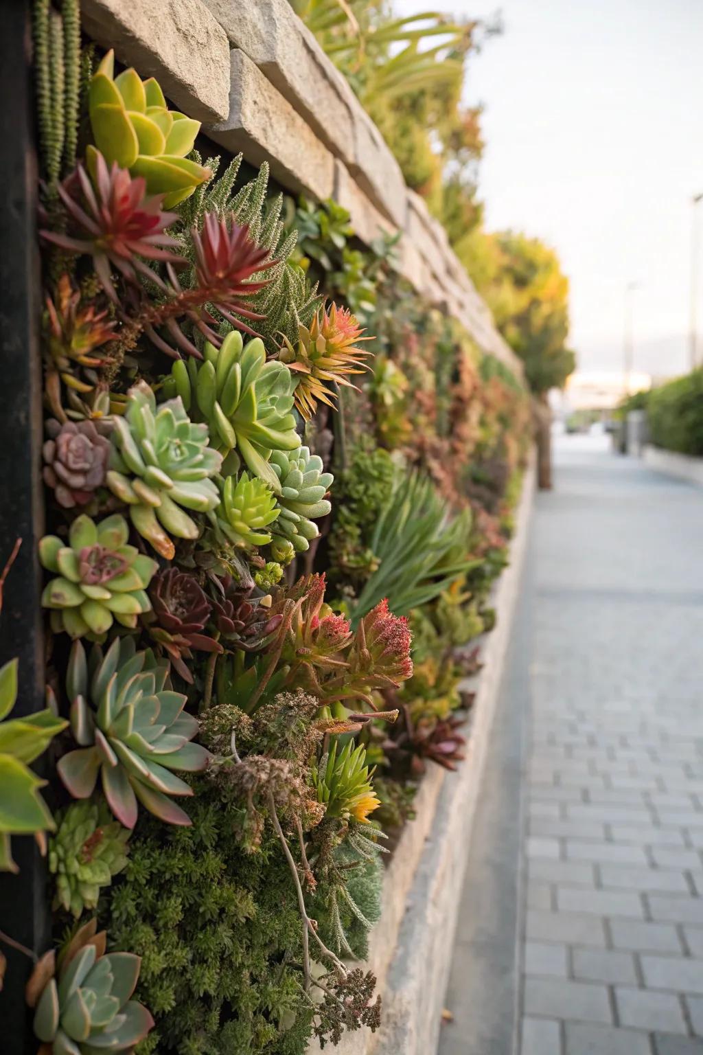 A living wall of succulents adds a vertical focal point in the garden.