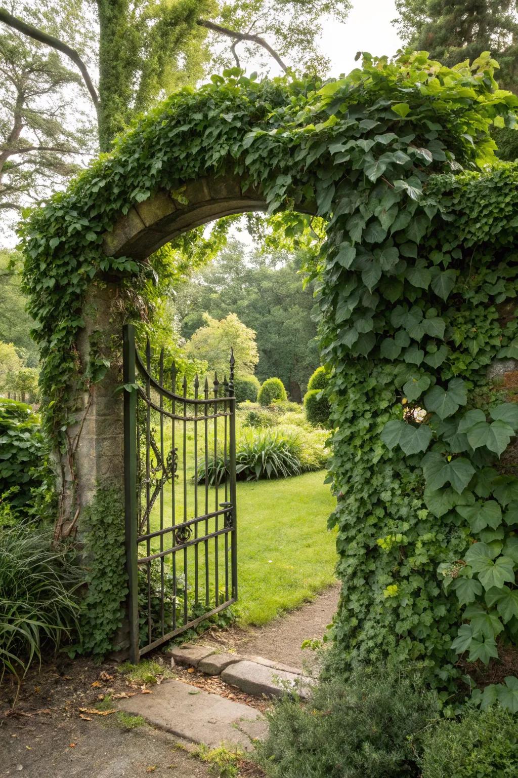 A gate covered in vegetation offers a lush entrance.