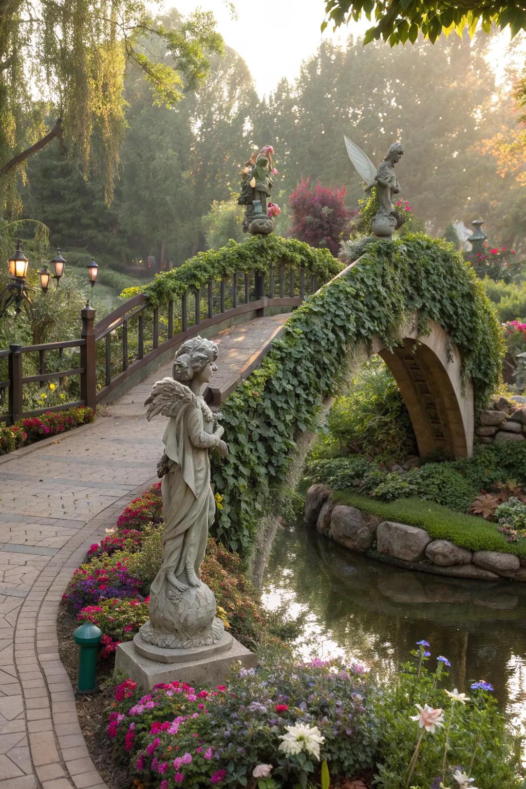 A fairy tale scene featuring a garden bridge with whimsical statues.