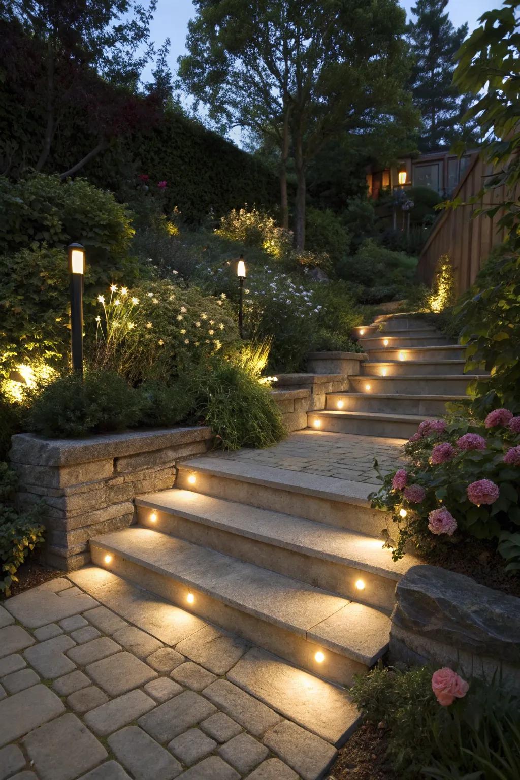 Garden steps elegantly outlined with subtle step lighting.