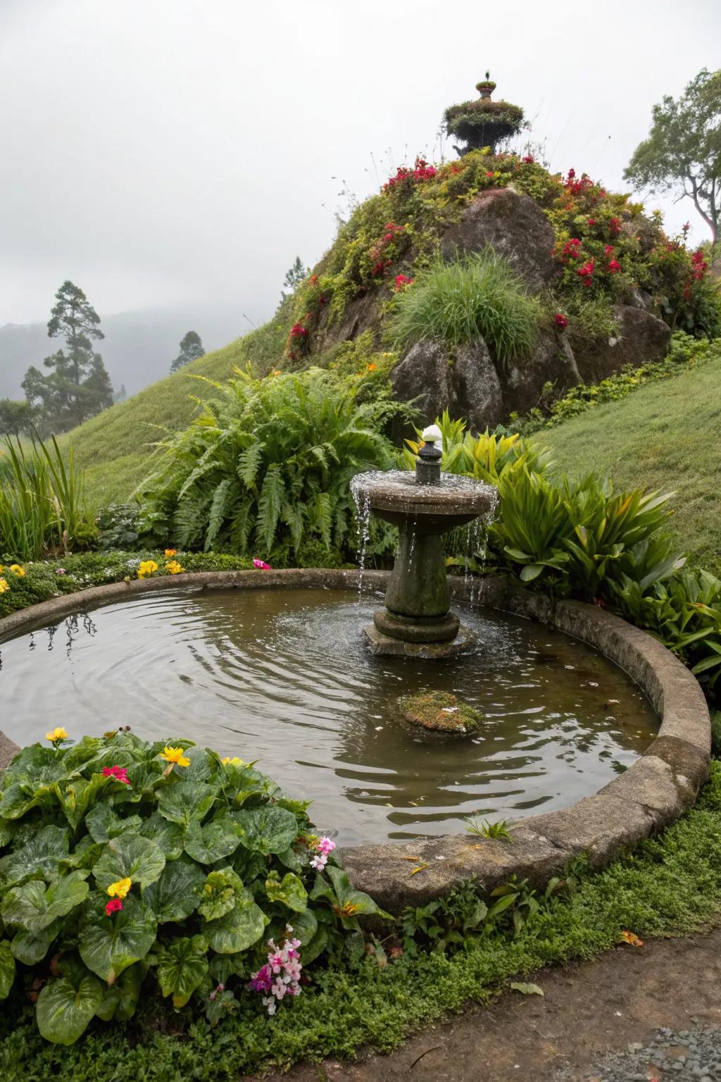 Water features bring tranquility to garden mounds.